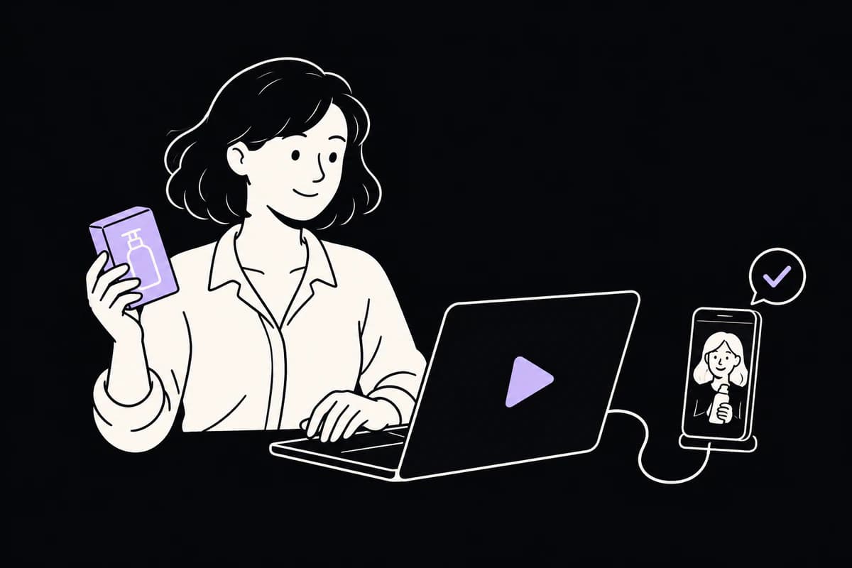 A brand owner opens her Trueclip workspace beside an approved customer video.