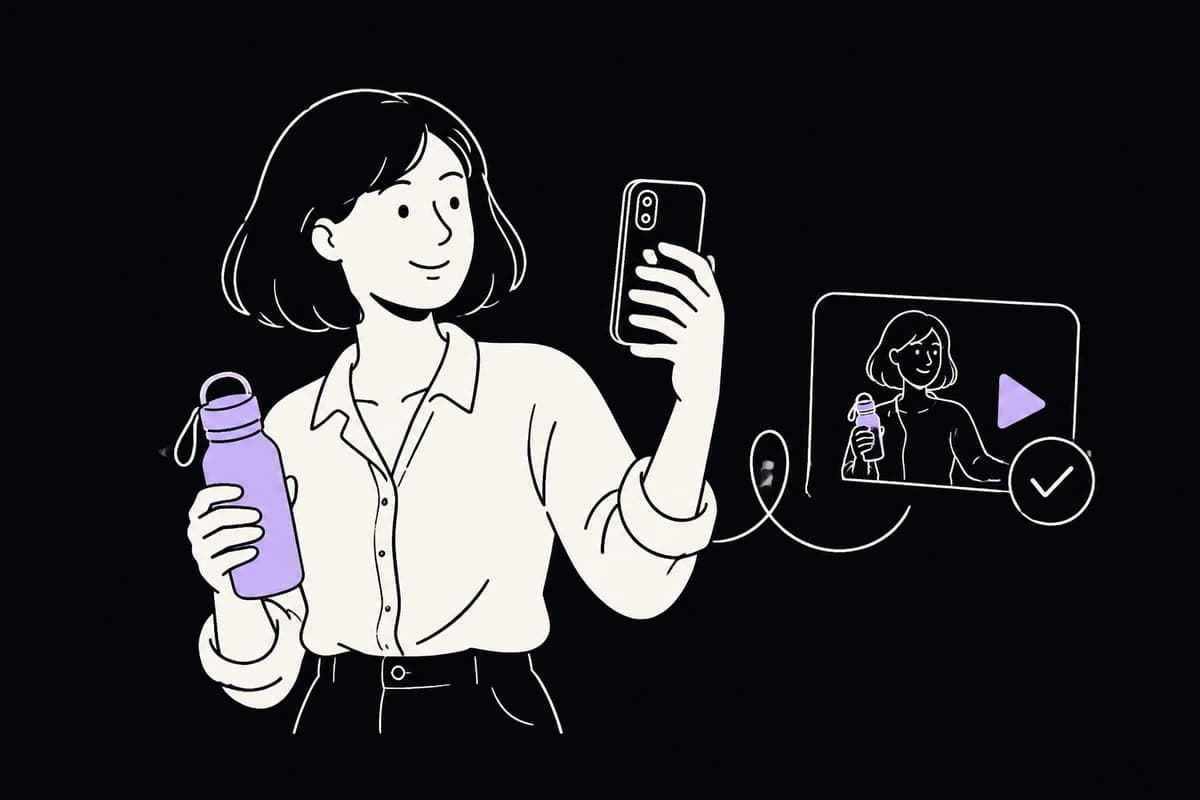 A customer records herself with a product, turning her story into an approved video ad.