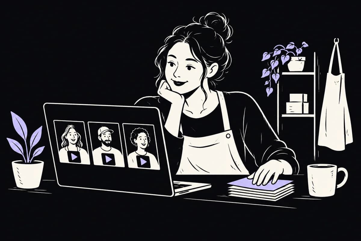 A store owner reviews customer video submissions in her workspace.