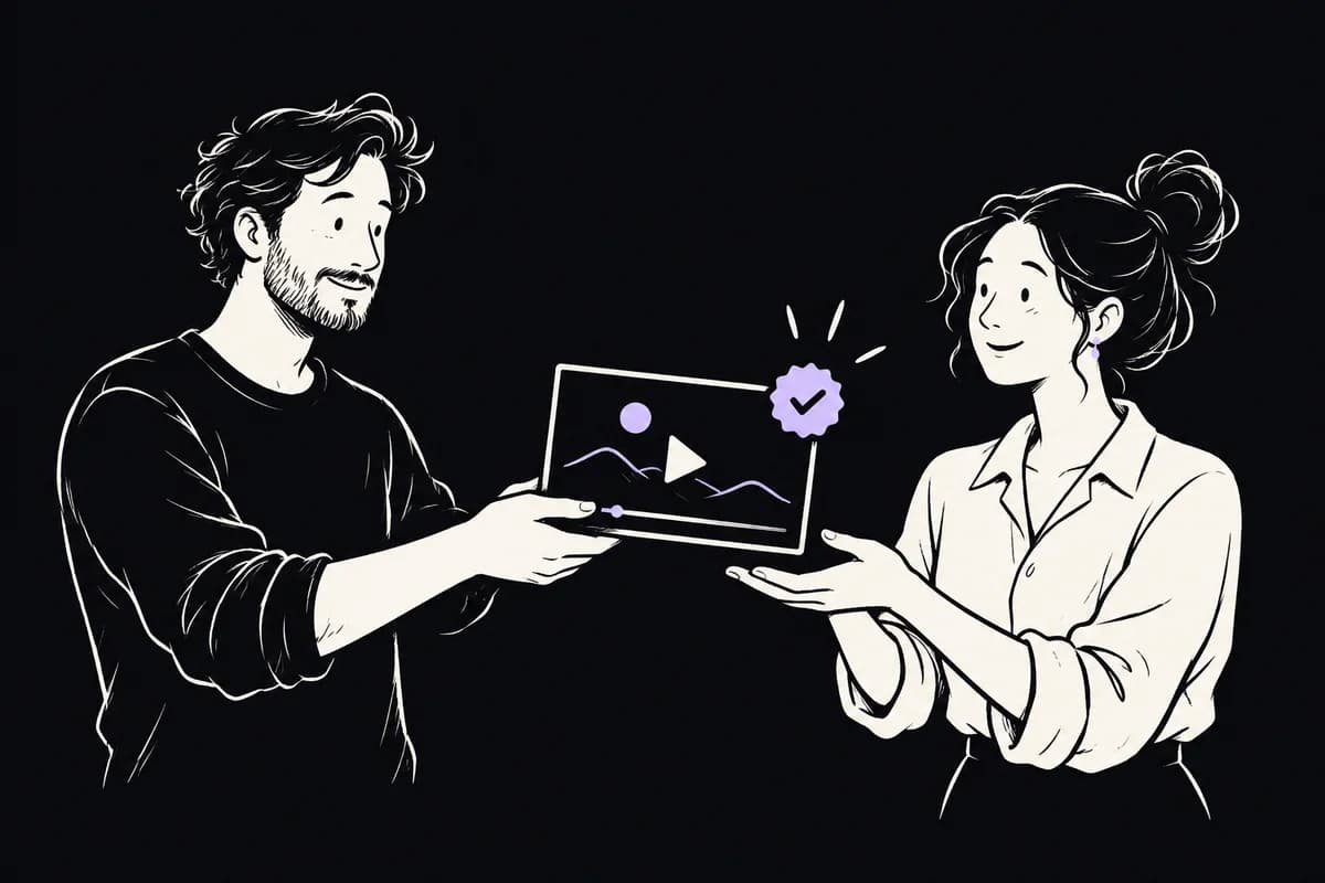 A Trueclip teammate hands a finished, approved video to a brand owner.