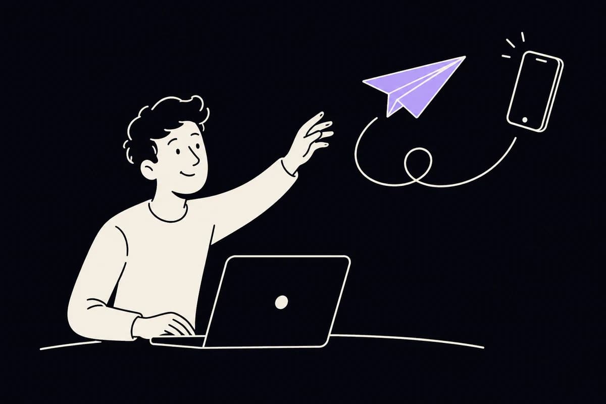 A store owner sends a paper airplane invitation from a laptop to a customer's phone.