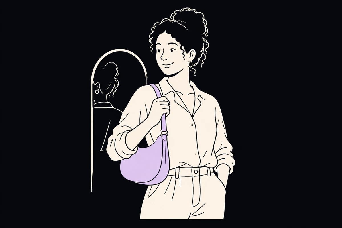 A customer shows how her lavender shoulder bag fits in a dressing mirror.