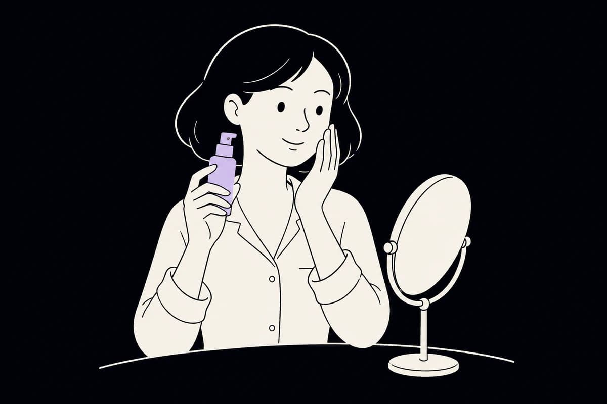 A customer shares her skincare routine with a lavender bottle beside her mirror.