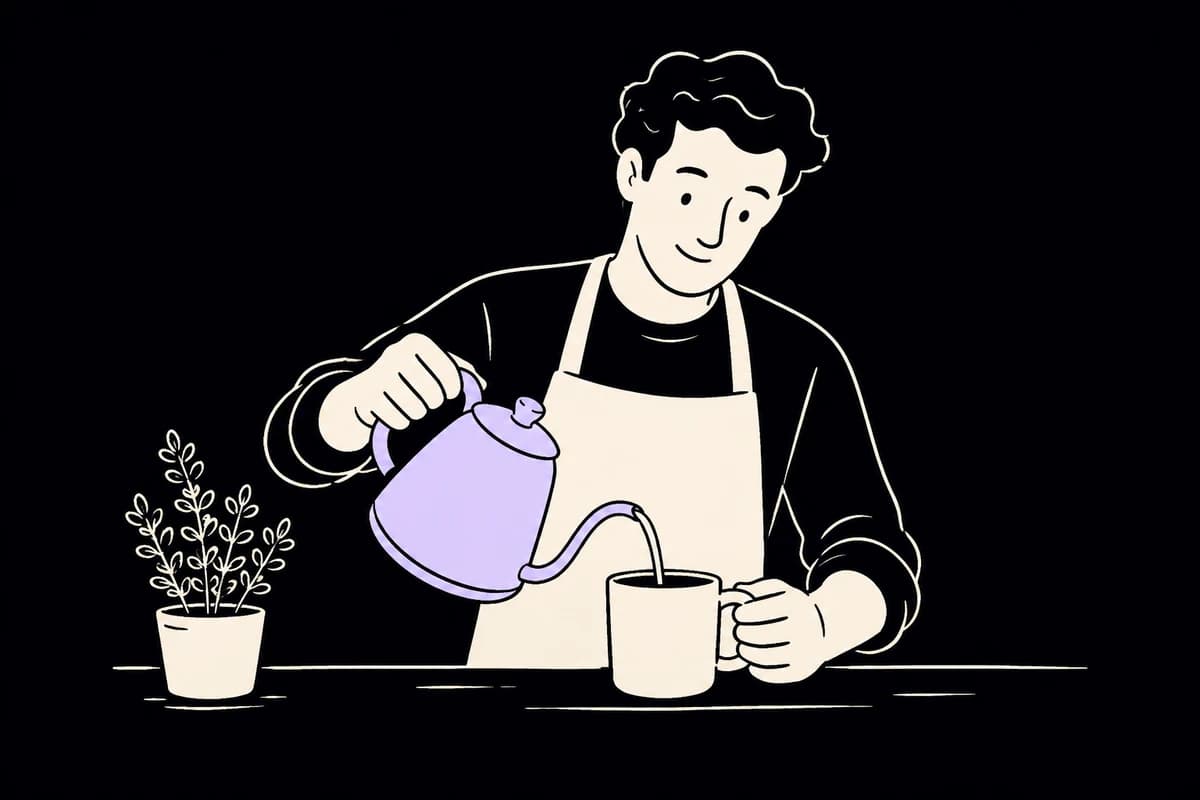 A customer pours from a lavender kettle into a mug on his kitchen counter.